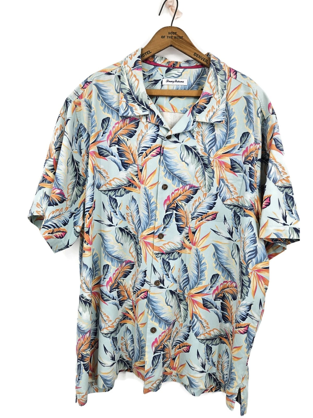 Tommy Bahama Hawaiian Shirt Mens XXL Silk Coolmax Light Blue Palm Fronds