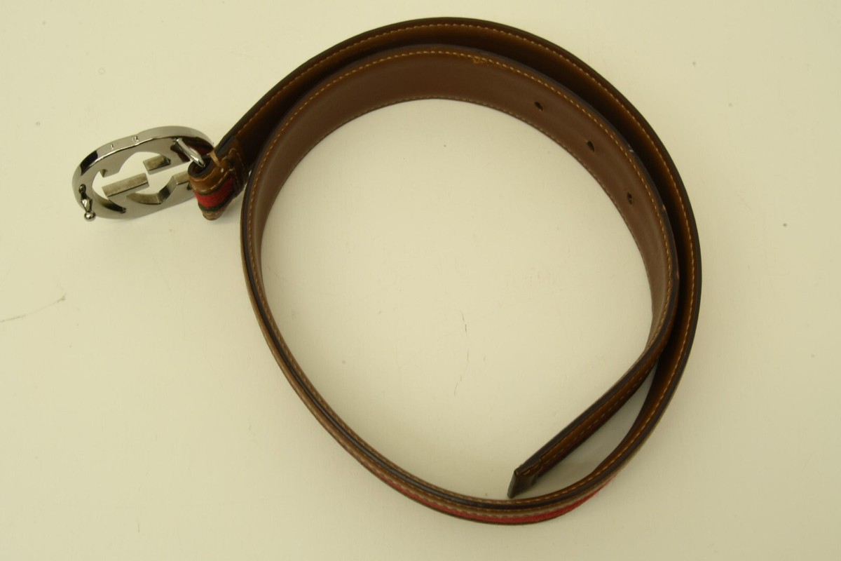 Authentic Gucci Double G Buckle Belt Web Stripe Brown  display picture 2