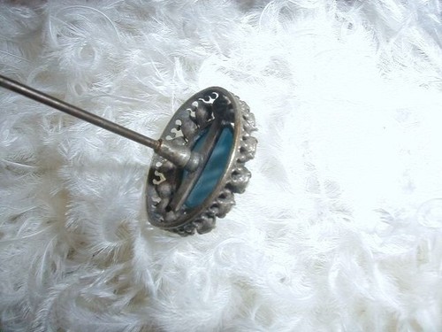 Antike edwardianische Hutnadel hellblau gegossenes Glas Mitte mit Strass 10,5" - Bild 4 von 8