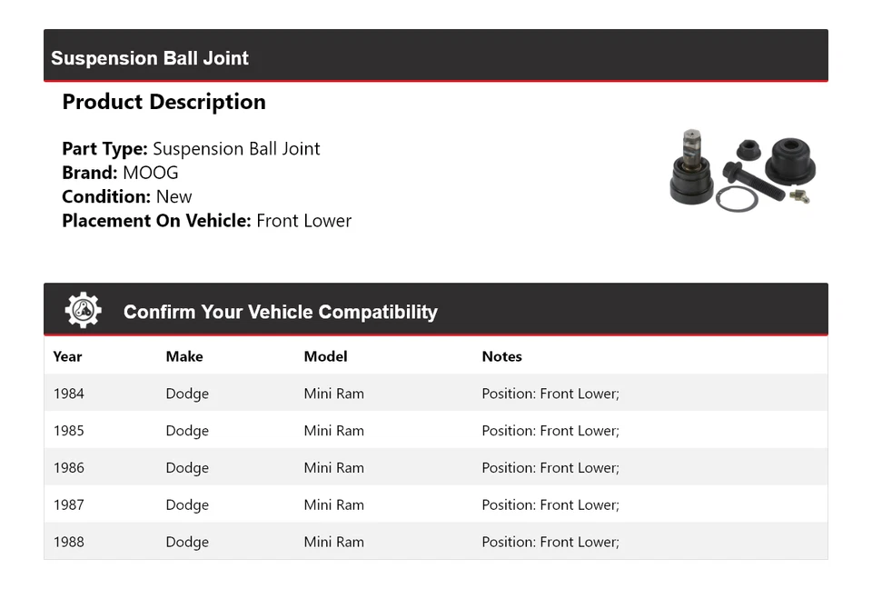 For 1984-1988 Dodge Mini Ram Suspension Ball Joint Front Lower MOOG 1984 1985 - Image 2 of 4