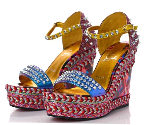 Christian Louboutin Nappa Lame Madmonica 120 Wedge Sandals Spikes Shoes Sz 39