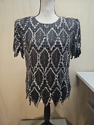 Vintage Laurence Kazar Women's Silk Black Sequin Top Women's Size Medium 