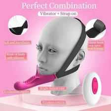 Strap-On Face Chin Harness Vibrator Dildo Wearable Head-Mounted Oral Solo Play
