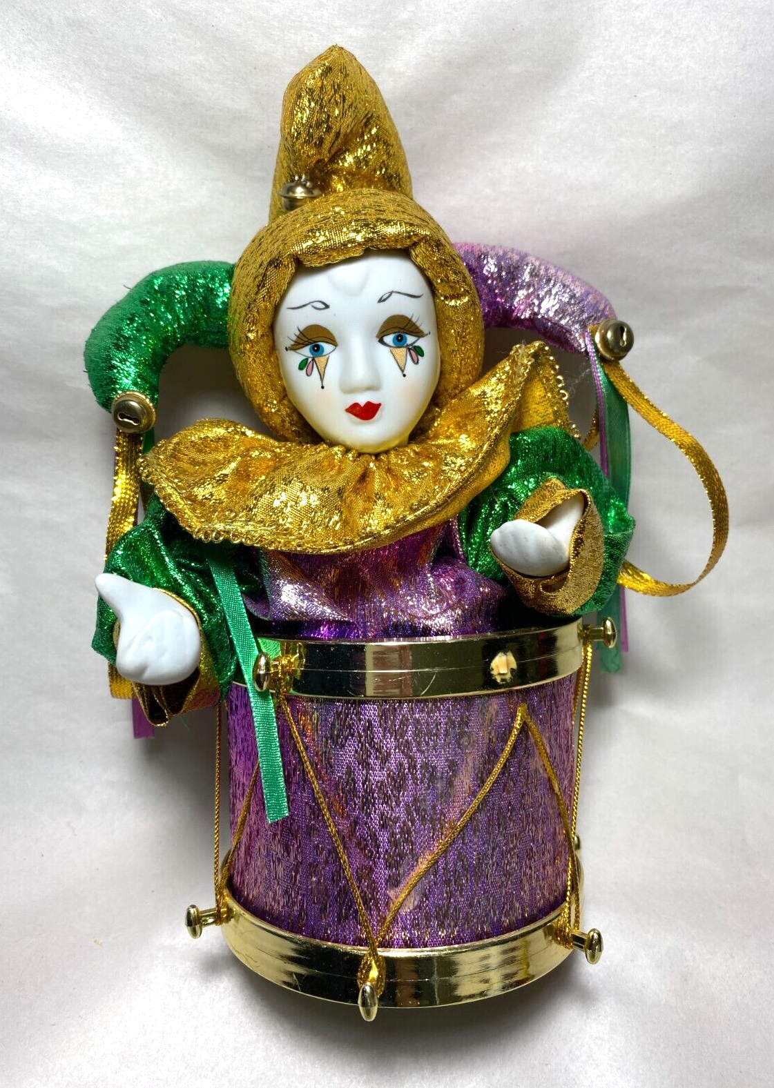 Vintage Harlequin Jester Clown Doll with Porcelain Face and Hands Plays Drum Music New Orleans Style