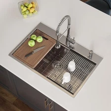 33" Kitchen Sink Kit Stainless Steel Top Mount Basin Sink w/ Cutting Board