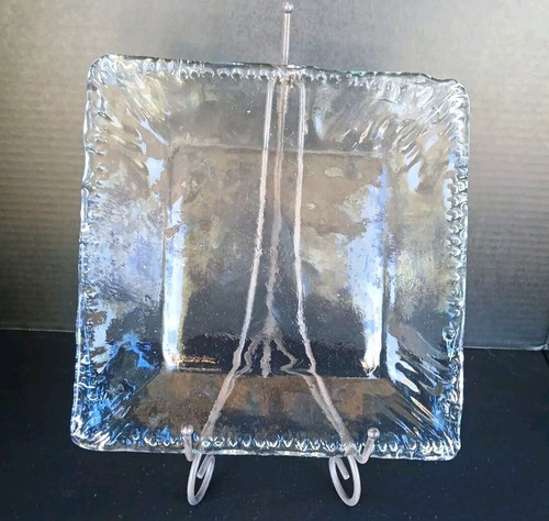 Clear Iceberg Art Glass Square Serving Plate 10.5" Crimp Edge Unique Artisan - Picture 17 of 24
