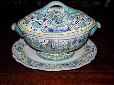 Orvieto Green Rooster Tureen W/ Bottom Platter Deruta Italian Pottery Artistica