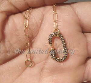 14k-Yellow-Solid-Gold-Link-Chain-Blue-Sapphire-Mini-20mm-Carabiner-Lock-Necklace