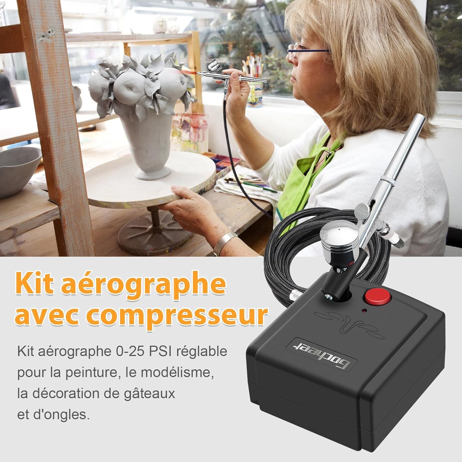 Kit Aérographe Complet Avec Compresseur Auto-Off + Peintures Acryliques 12x10ml - Double Action