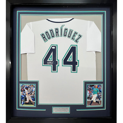 Framed Autographed/Signed Julio Rodriguez 33x42 Seattle White Jersey JSA COA