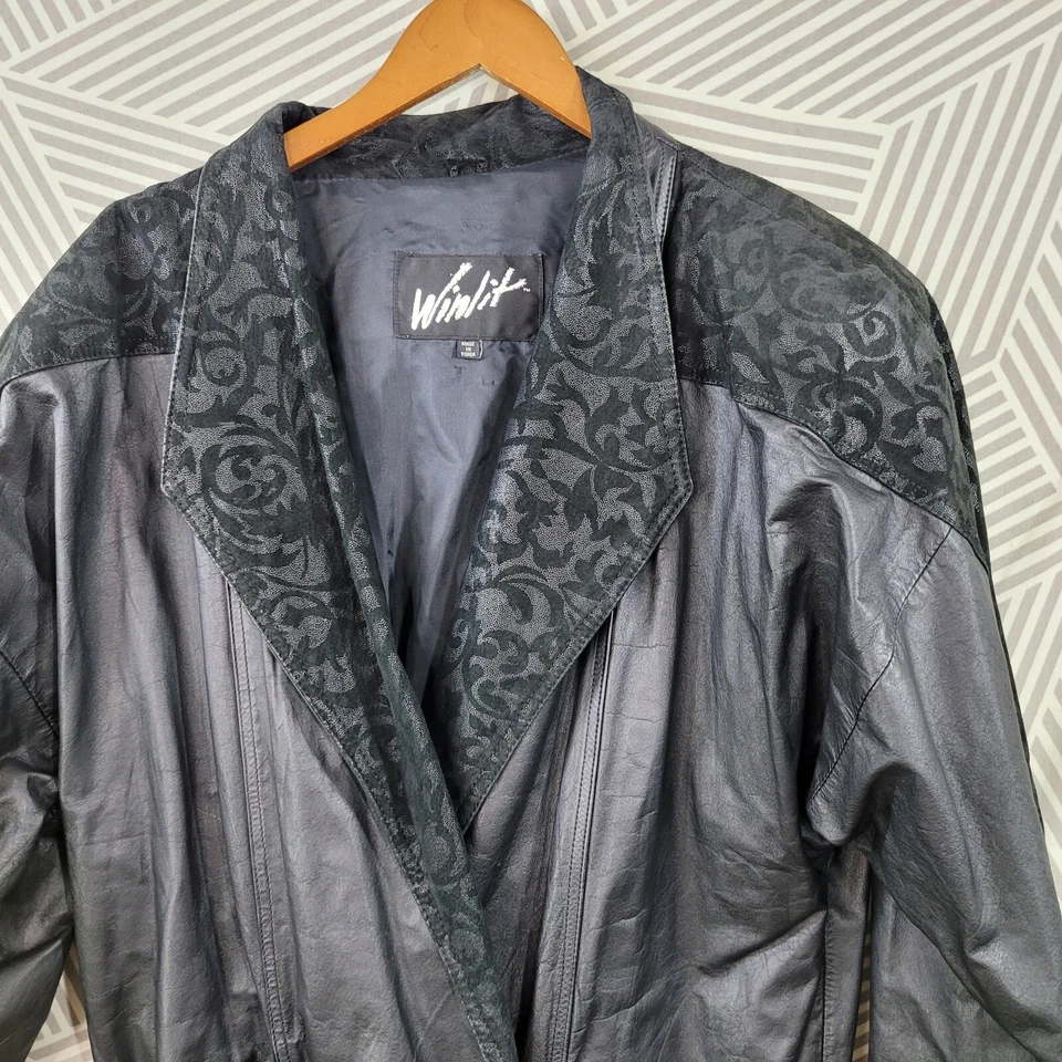 Gabardina de cuero vintage años 80 invierno gamuza en relieve talla mediana larga roca Foto 2 de 4