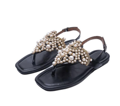 Womens Summer Rhinestone Pearl Flat Square Toe Flip Flops Slingback Buckle Shoes - Picture 10 of 14