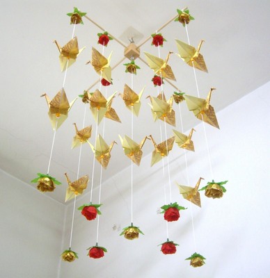 Origami Paper Crane Baby Mobile Girl Boy Nursery Decor Gold Red Silk Flower  Rose