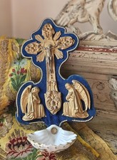 19thC Antique French Religious Velvet Crucifix .1800s Porcelain Holy Water