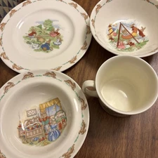 Royal Doulton Vintage 1936 BUNNYKINS Plate, Bowls, Cup Bunny Tea Time - Set Of 4