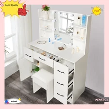 Large Dressing Table Set White Makeup Desk w/ LED Lights Mirror and 5 Drawers US