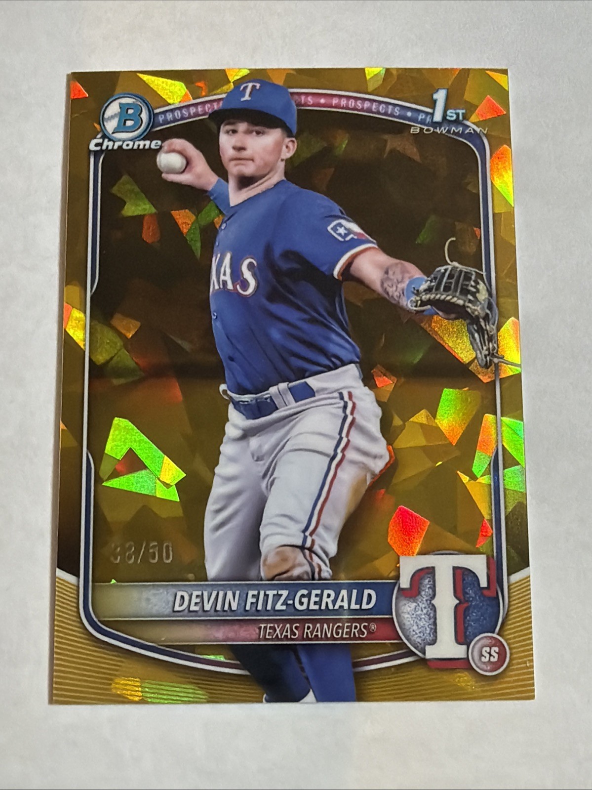 2025 1st Bowman Chrome Sapphire Gold Ref Devin Fitz-Gerald 38/50 RC SP Rangers