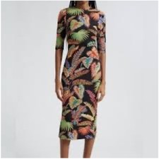 Farm Rio Women Floral 3/4 sleeve Dress Sz.XS Black NWT Cool Foliage Jersey Midi