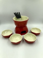 vtg ceramic fondue set - 80s? red octagonal design by simple dining & EXC cond