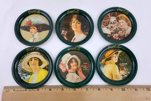 Lot of 6 Vintage 1983 COCA-COLA Green Metal Drink Coasters Coke Images