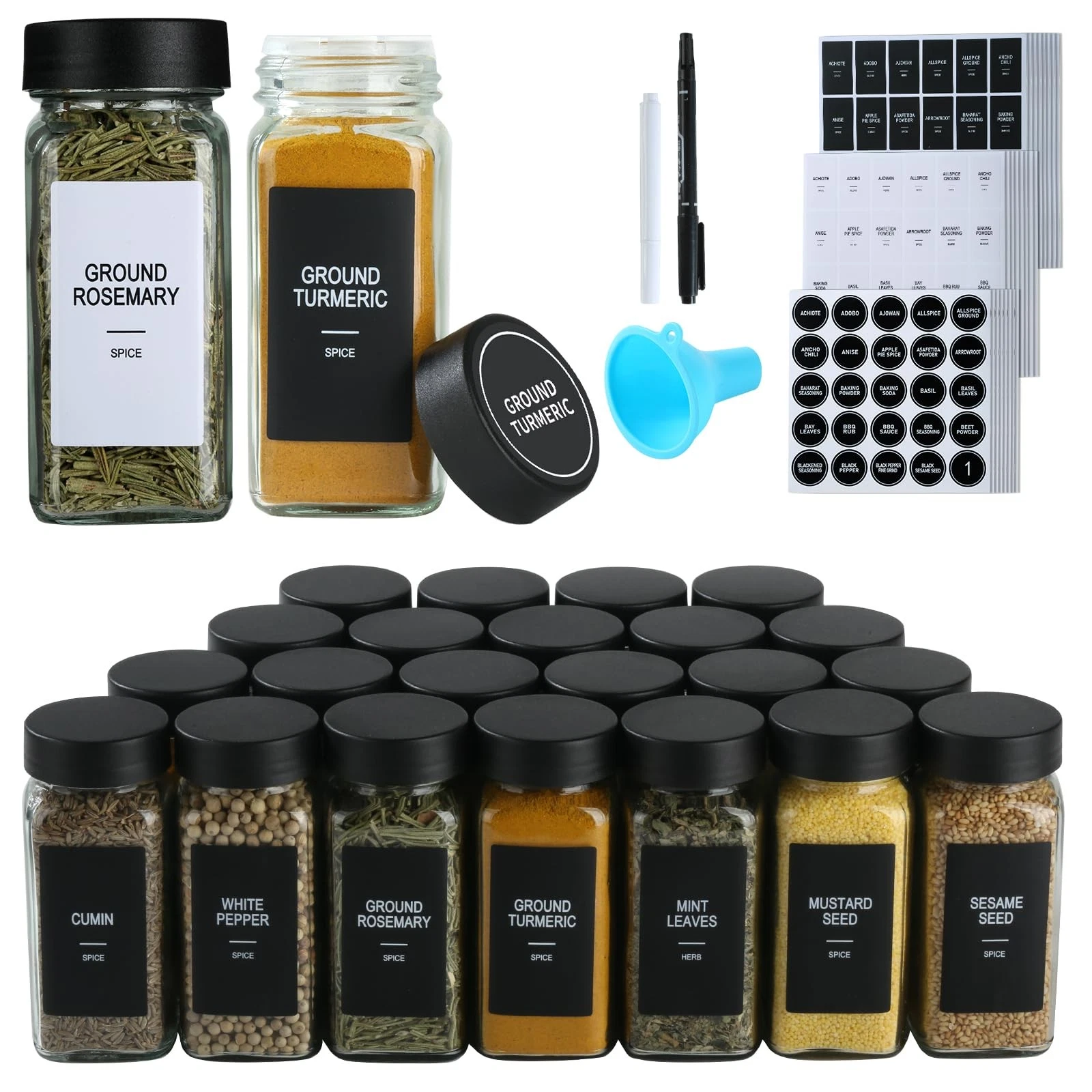 GMAMXD 48 Glass Spice Jars with Labels, Jar Set, 4oz Black