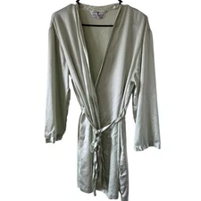 Saks Fifth Avenue Silk Medium Green Kimono Short ROBE Pockets Belt 