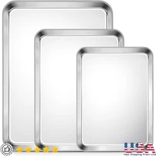 Heavy Duty Stainless Steel Baking Sheet Set Multi Size Cookie Tray Pans Silver