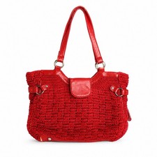 Vintage Red Crochet Handbag Knit Purse Vinyl Straps Retro Shoulder Bag