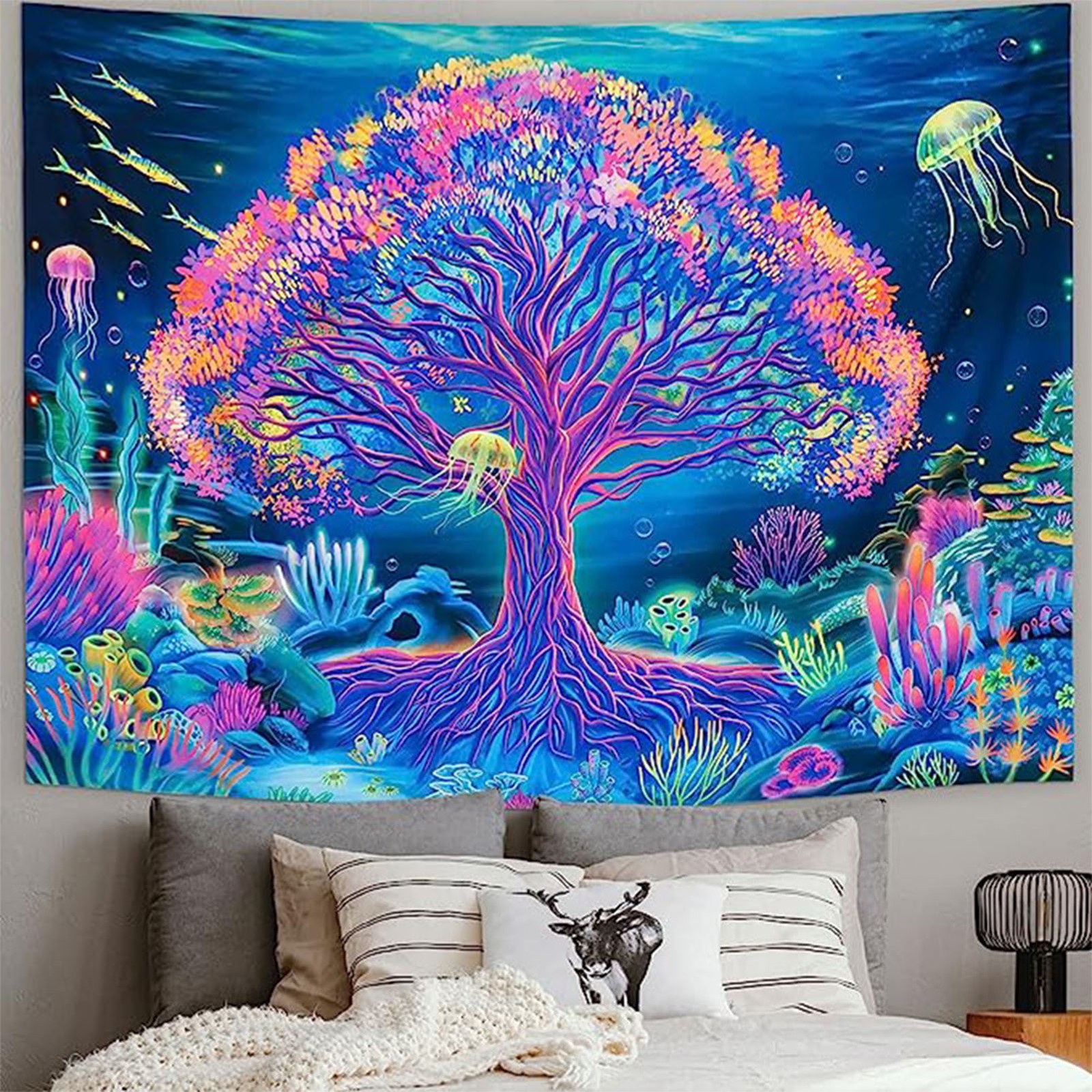 Fluorescent Tree Tapestry Brushed Fabric Backdrop Wall Art Decor UV Black Light