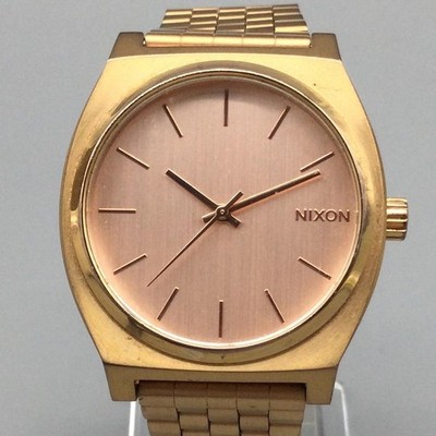 Nixon Time Teller Minimal Mens Watch 37mm Rose Gold Tone New Battery 8.5''