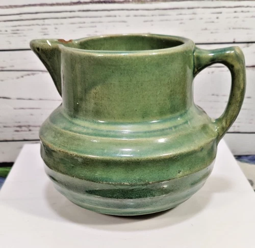 Vintage McCoy Stoneware 38oz Green Pottery Buttermilk Pitcher, Shield Mark #121