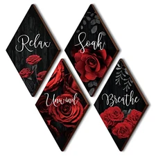 FairySandy 4 Pcs Rose Bathroom Wood Wall Decor Relax Soak Unwind Breathe Red