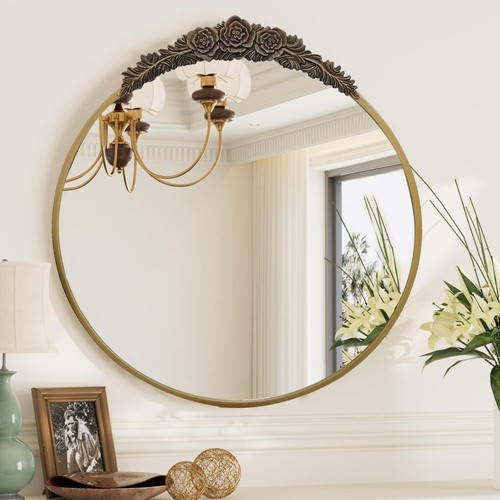 Round Vintage Mirror Gold Brass Mirror Framed Ornate Circle Wall Hanging Mirrors - Picture 20 of 22