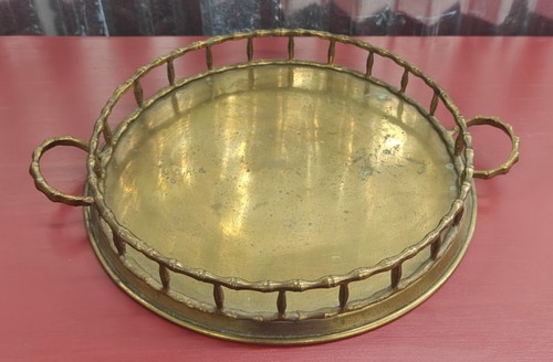 Hollywood Regency SOLID BRASS 14" Octagon & 13" Round Bamboo Handled Tray CAPCO - Picture 16 of 24