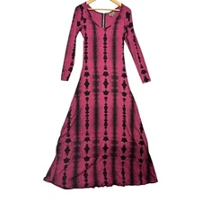 Bel Kazan Maxi Dress Long Sleeve Pink Black Print Casual XS