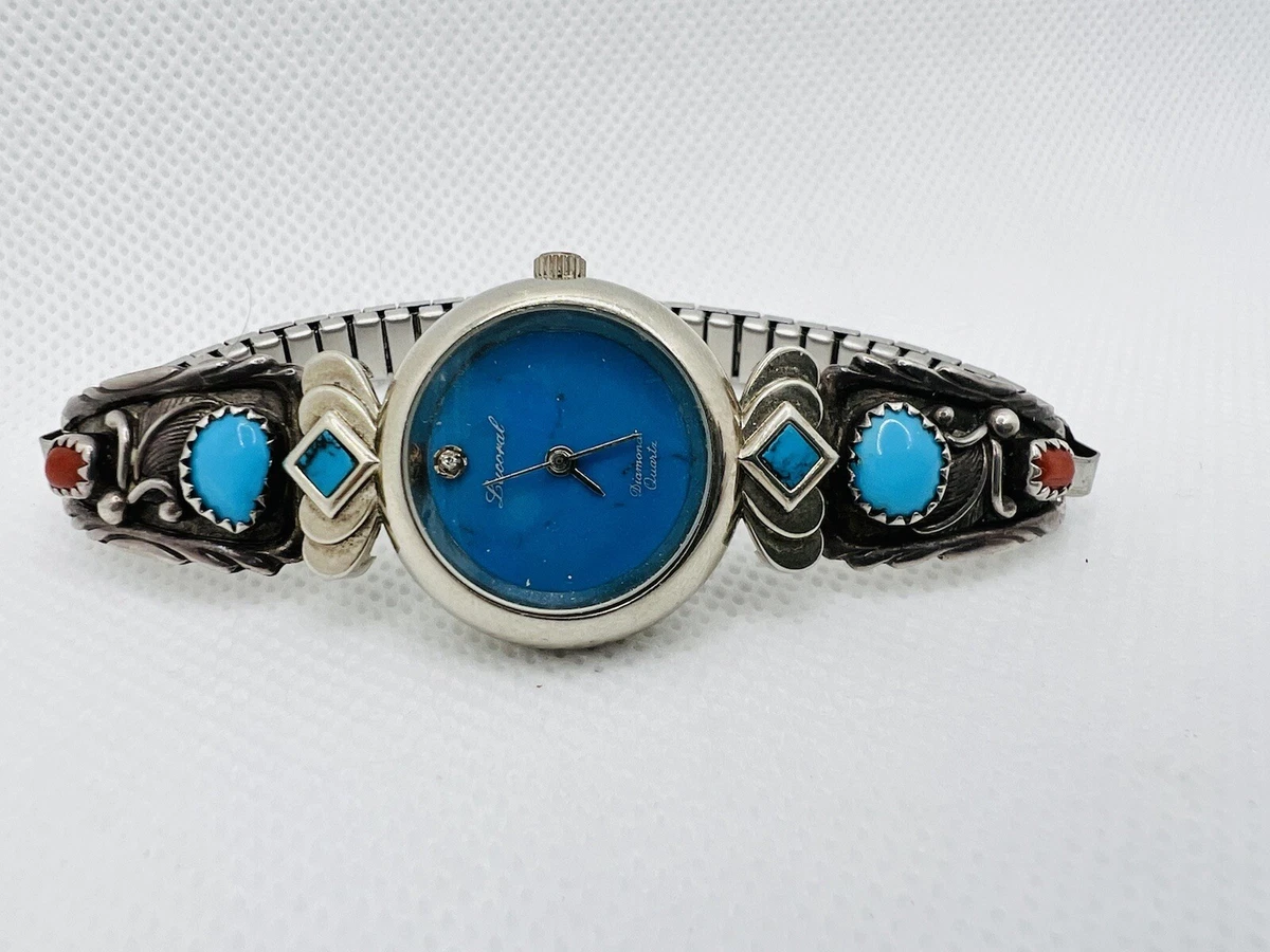 LUCORAL DIAMOND WATCH STERLING Stainless TURQUOISE CORAL WATCH Signed RB