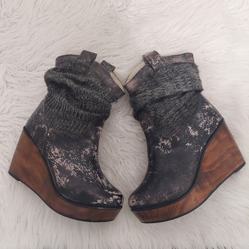 Bed Stu Leather Boots 7 B Bruges Bootie Distressed Black Wedge Boho Slouch Knit - Picture 5 of 10