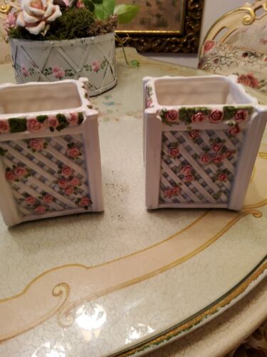 LBK Flower Pot Planter Vtg Home Garden Decor Plants Ceramic Pink White Pair Set - Picture 5 of 11