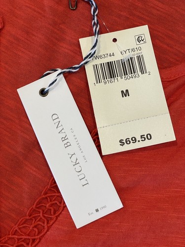 Lucky Brand Cutout Illusion Bauernbluse Damen M orange Schlitz Ausschnitt Quasten - Bild 5 von 15