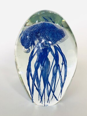 Heavy ART Glass 4" BLUE JELLYFISH Oval Paperweight Bubbles | eBay