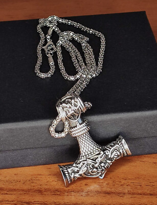 Halskette Wikinger Mjölnir Thor Hammer Nordmann Odin Kette Biker 60 cm Silber