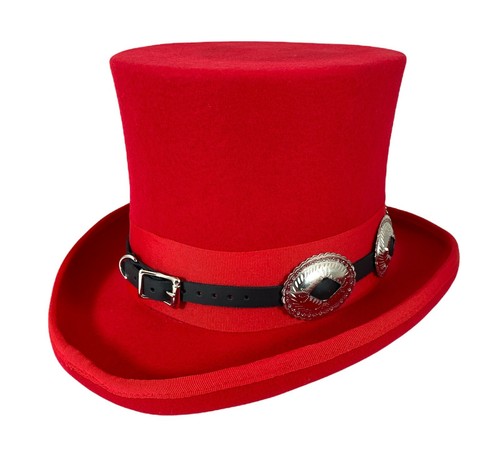 Top Hat Red Wool Steampunk Concho Band Victorian Costume Slash Mad Hatter USA - Picture 8 of 8