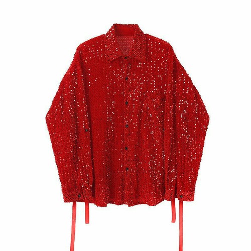 Mens Sequin Long Sleeve Loose Shirt Button Down Straps Top Stage Show Party - Picture 11 of 14