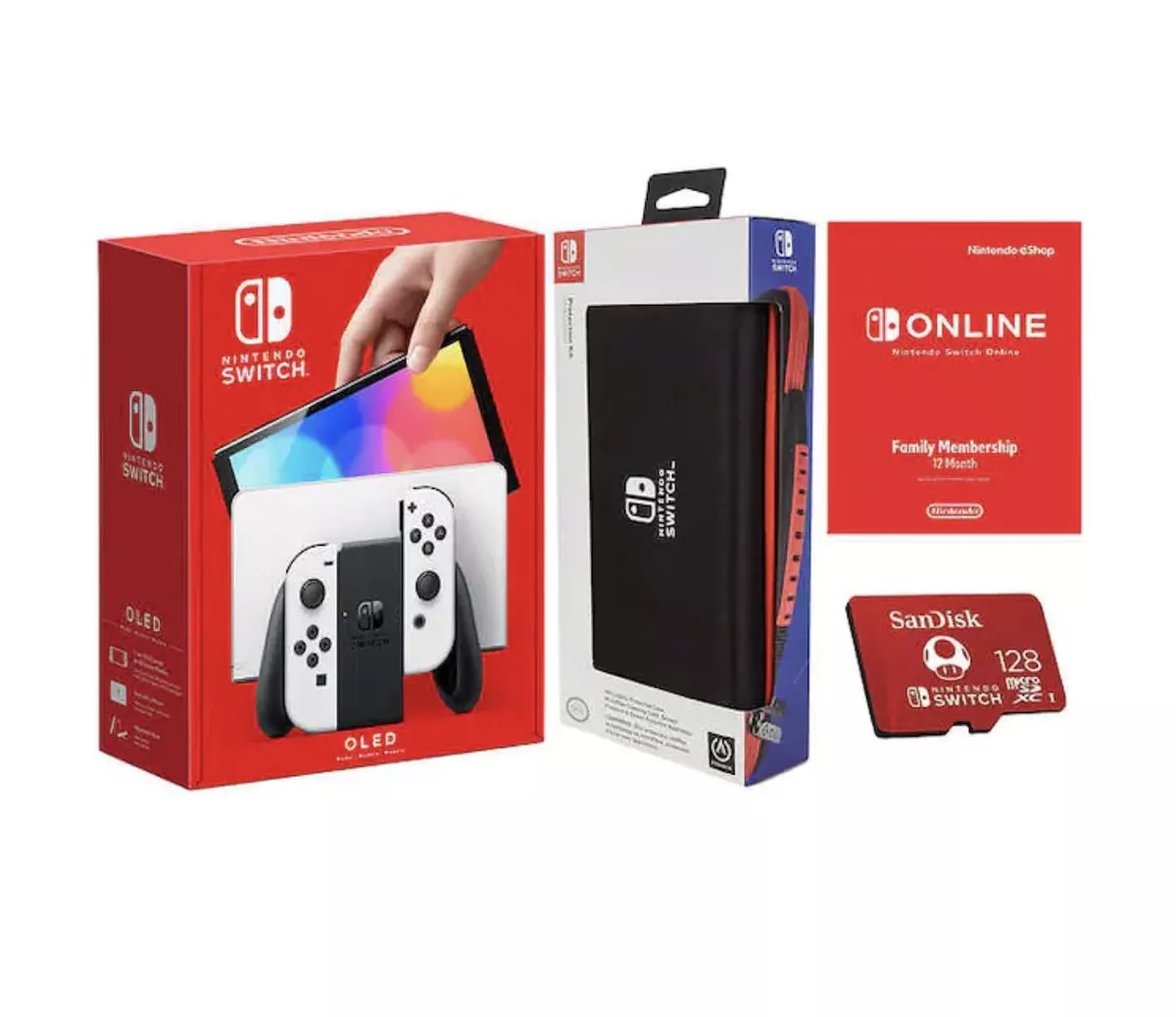 Nintendo Switch OLED Bundle 128 GB Card, Carry Case & 1yr Family Membership