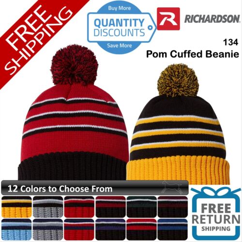 🔥 Richardson Men Pom-pom on top Cuffed Beanie Hat solid cuff 12" knit 134 - Picture 1 of 25