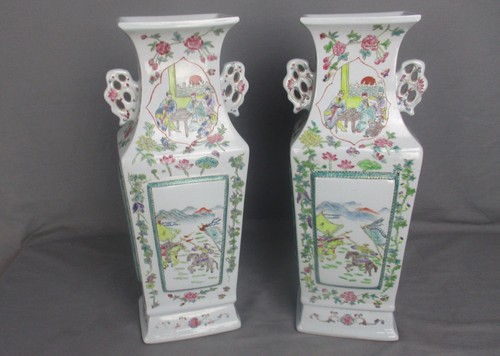 Pair Chinese Porcelain Famille Rose Vases Square Vase 17" - Picture 2 of 10