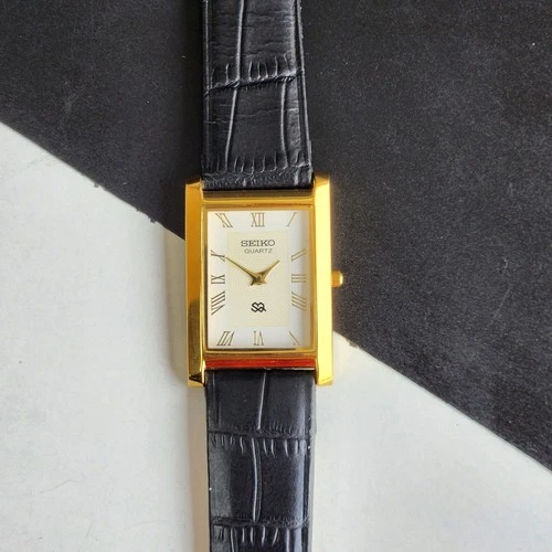 Vintage Seiko Slim Tank Quartz Men White Dial Dress Watch-Free Shipping