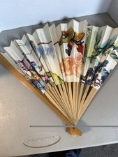 Vintage Paper Bamboo Folding Hand Fan - 10" Long with Asian Theme