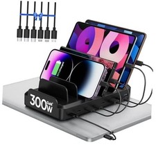 300W USB C Charging Station for Multiple Devices, 8 Port Multi Device Black