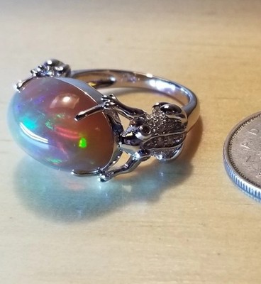9.4g 14k White Gold Frog Ring Huge Ethiopian Opal Pink White Diamonds Rare S 9.5